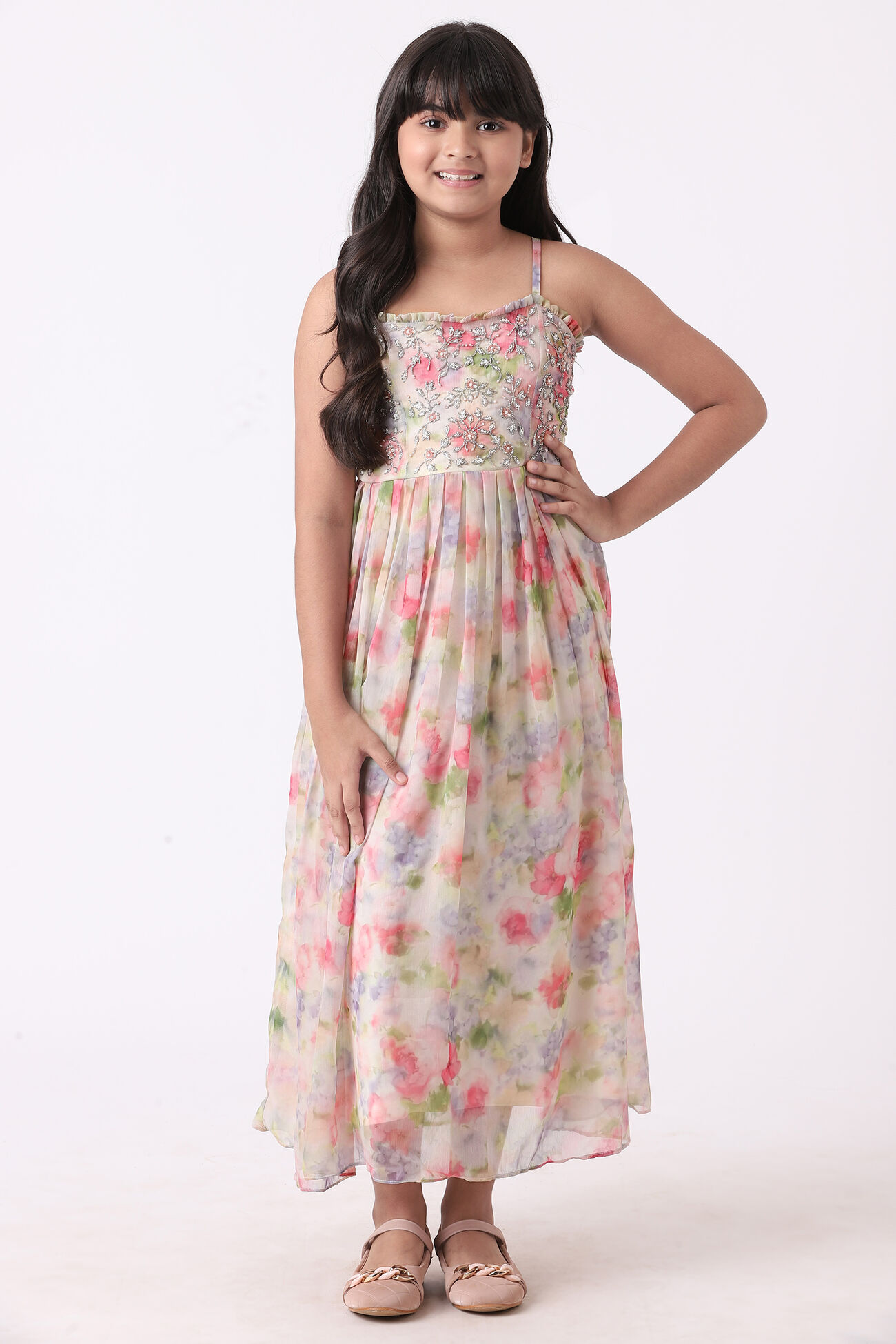 Multi Color Floral Flared Gown, Multi Color, image 1